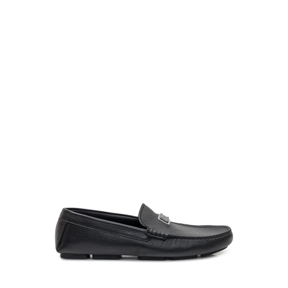 Dolce & Gabbana Men's Black Loafers, 7 Uk, Logo Detail Leather Loafers