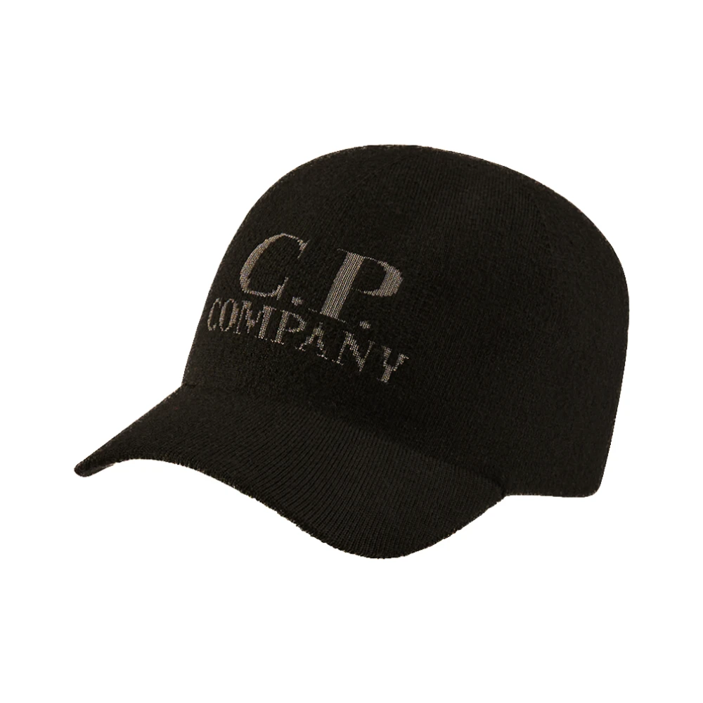 C.p. Company Men's Black Hats & Caps, M, Extrafine Merino Wool Logo Cap