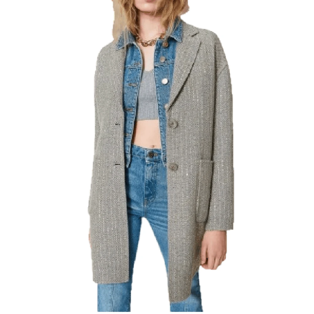 Twinset Grijze Pailletten Dubbel Doek Jas Gray Dames