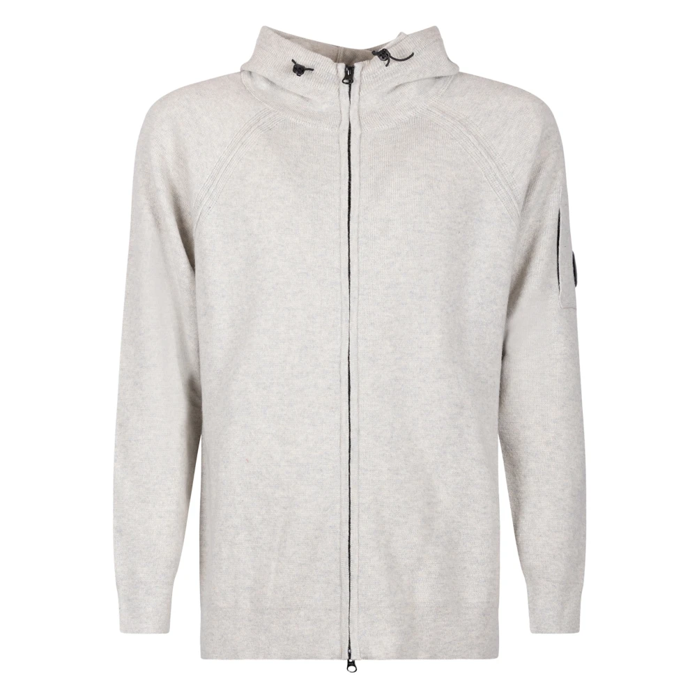 C.p. Company Beige Cardigans, Male, L, Knitted Hoodie With Zip Pocket