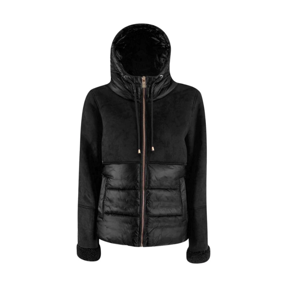 YES ZEE Imitatiebont Gewatteerde Hoodie Jas Black Dames