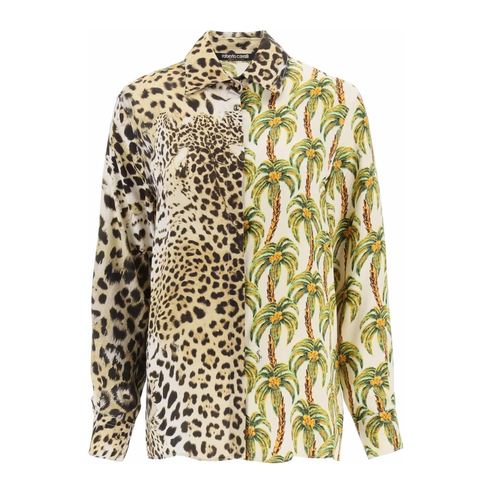 Roberto Cavalli Shirt met jaguar- en palmboomprint Beige Dames