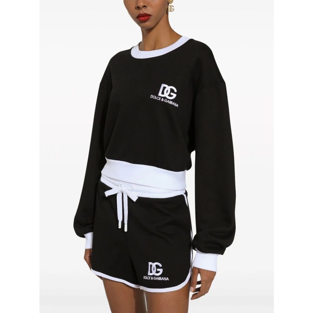 Dolce & Gabbana Zwarte Sweaters Twee-Tone Logo Print Ronde Hals Black Dames