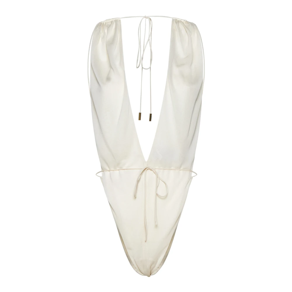 Saint Laurent Crème Halternek Bodysuit met Diepe V-hals Beige Dames