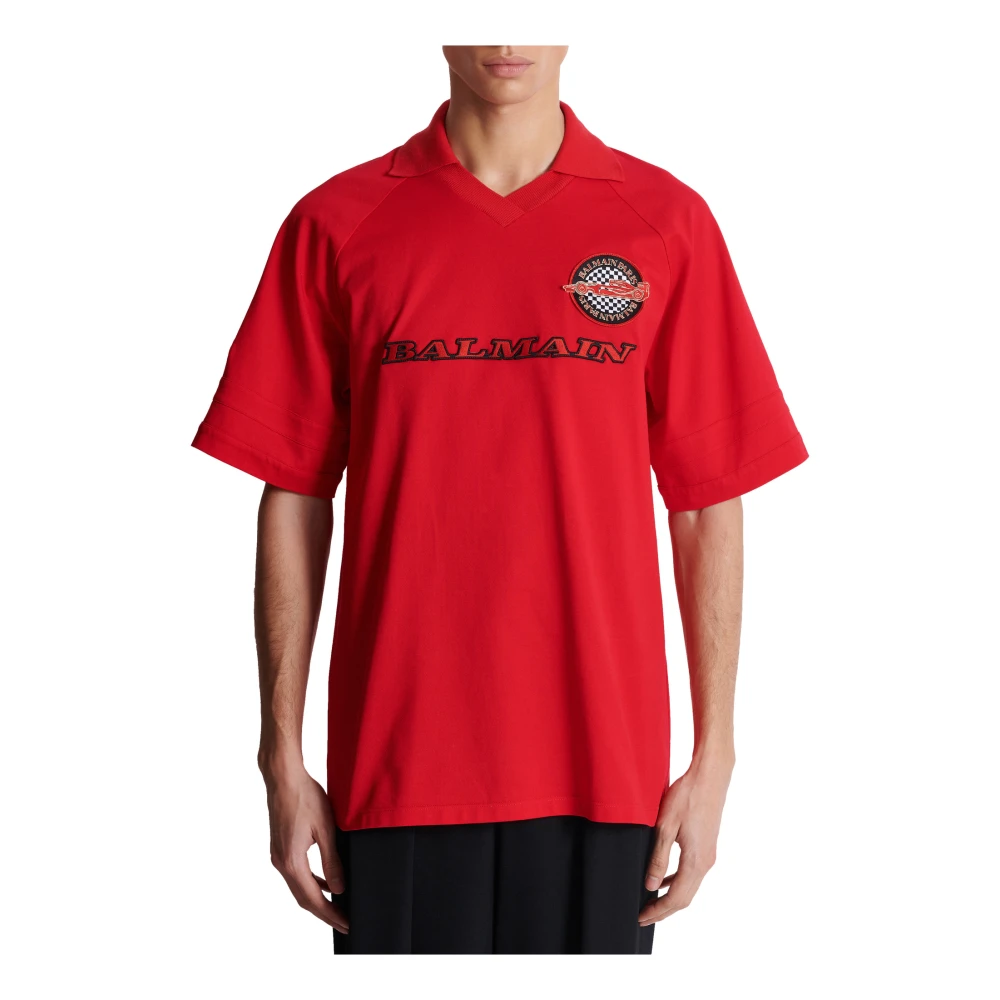 Balmain Katoenen piqué poloshirt met Racing borduursel Red Heren