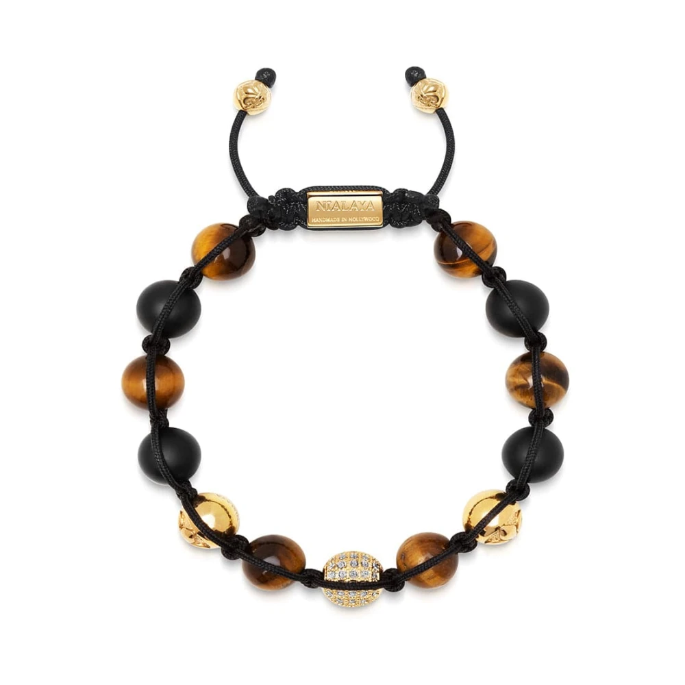 Nialaya Men's Gold/Onyx/Brown Beaded Bracelet With Cz Diamond, Matte And Tiger Eye