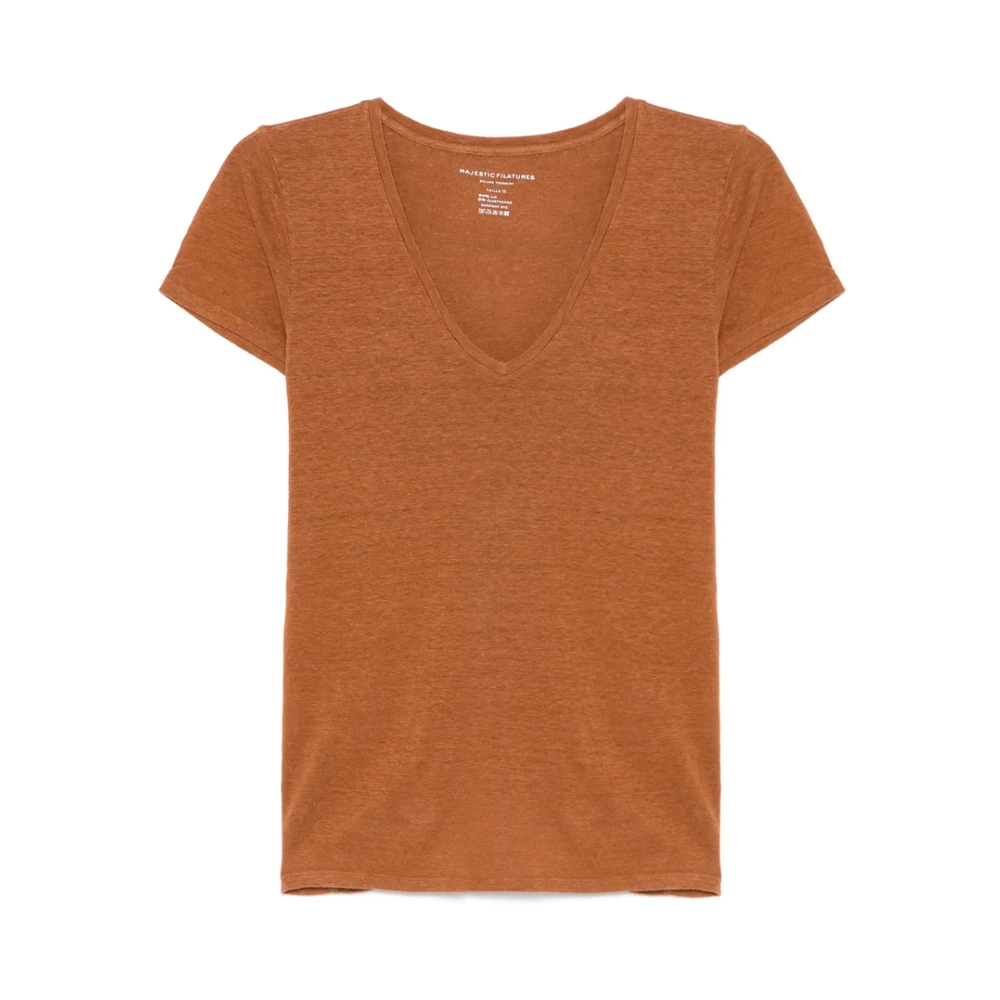 Majestic filatures Bruine V-hals T-shirt Korte Mouwen Brown Dames