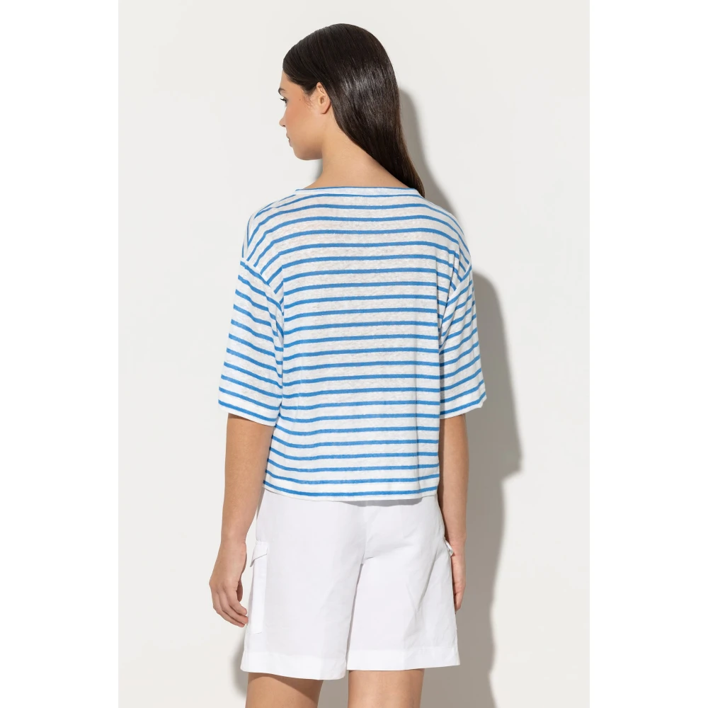 LUISA CERANO Gestreept Linnen T-Shirt Blue Dames