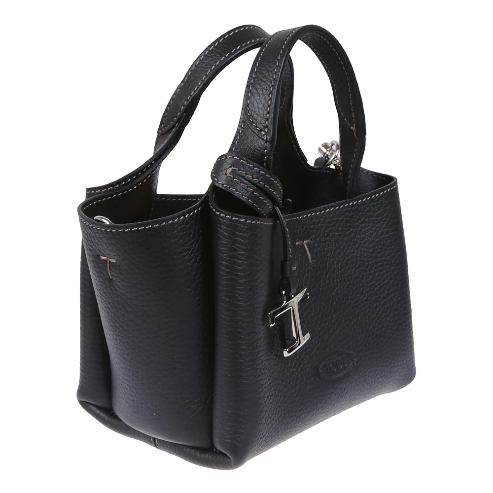 TOD'S Zwarte gehamerde leren tas met metalen T Timeless hanger Black Dames
