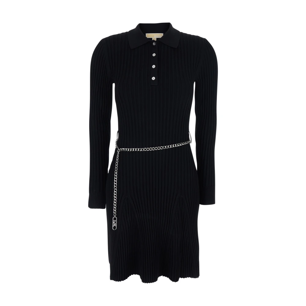 Michael Kors Women's Black Knitted Dresses, Xs, Ribbed Viscose Belted Polo Dress