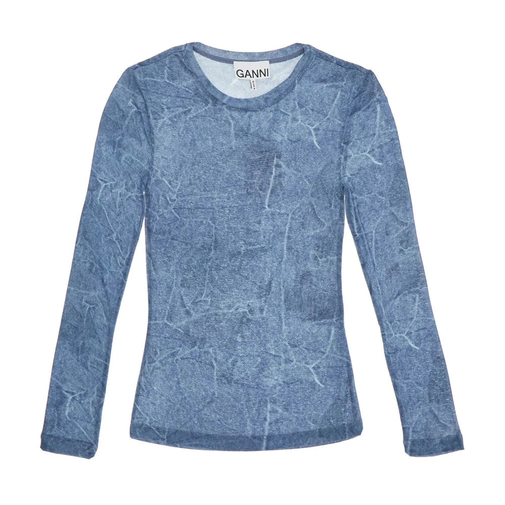 Ganni Versleten Denim Effect Longsleeve Top Blue Dames