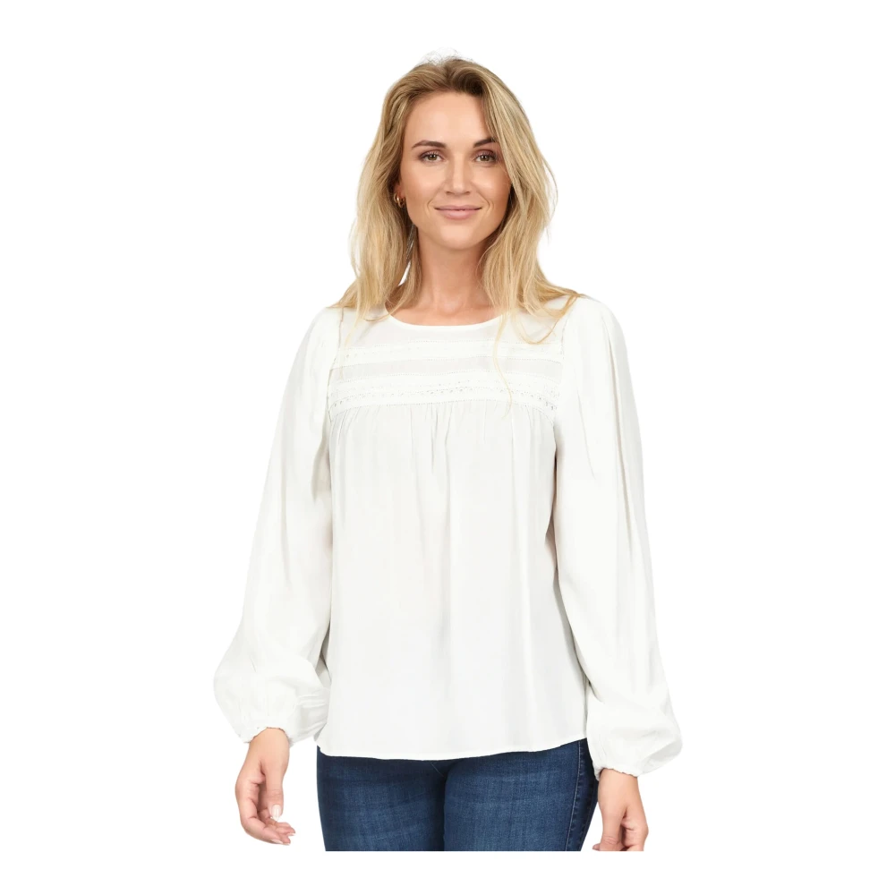 2-Biz Feminine Blouse met Pofmouwen en Geborduurde Details White Dames