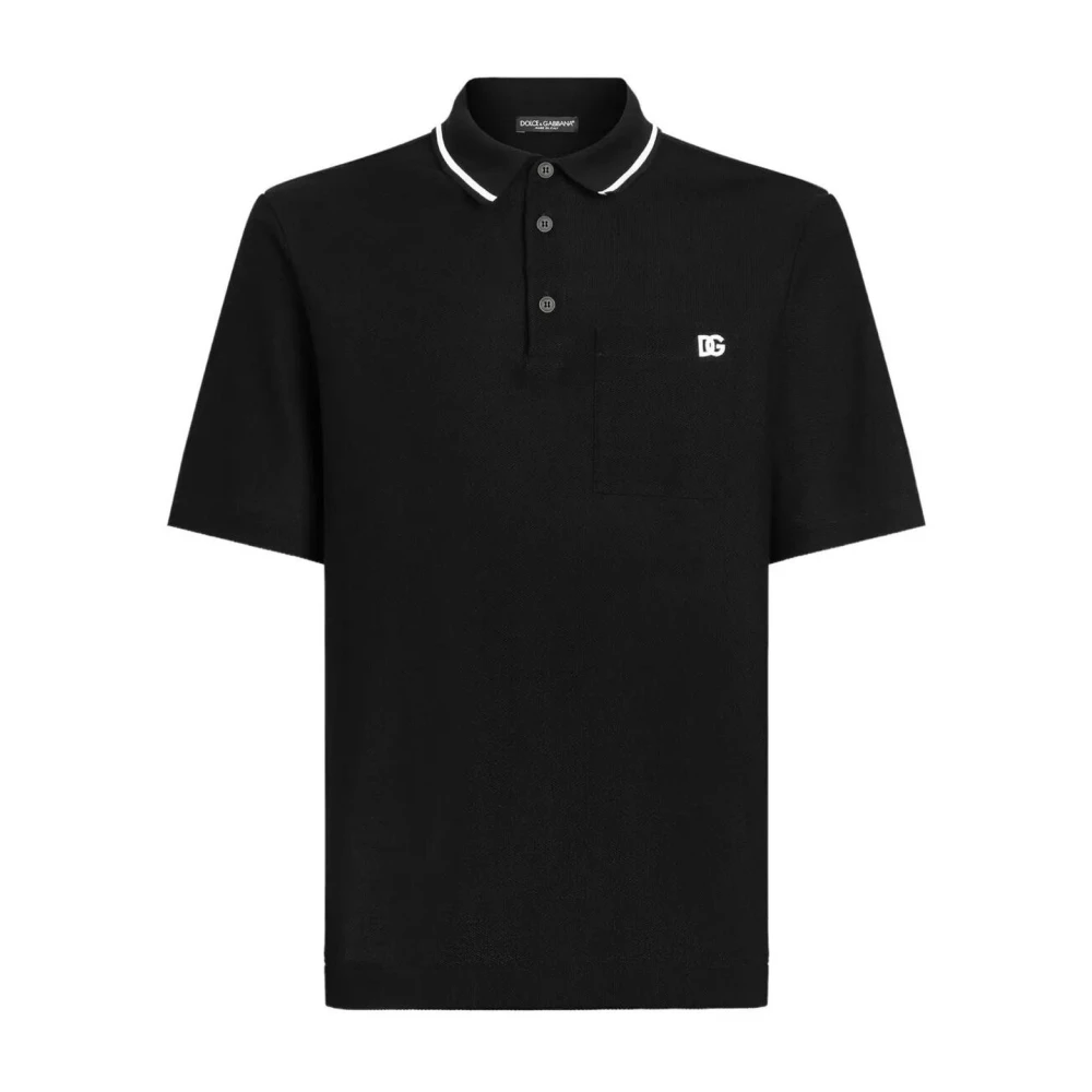 Dolce & Gabbana Svart Pikétröja Med Kontrastkrage Och Logotyp