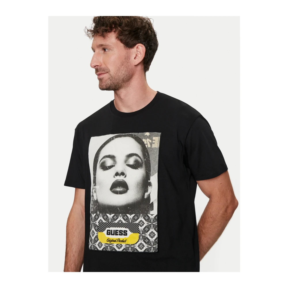 Guess Katoen Foto Print T-Shirt Zwart Black Heren