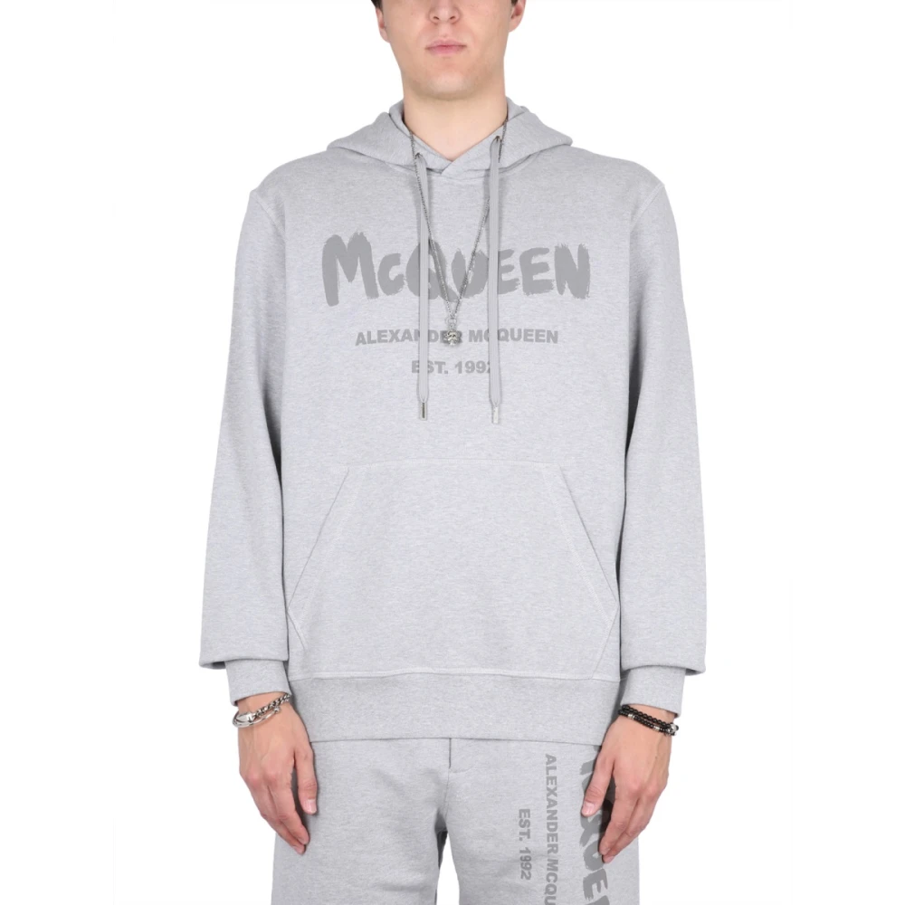 Alexander mcqueen Graffiti Logo Print Hoodie Gray Heren
