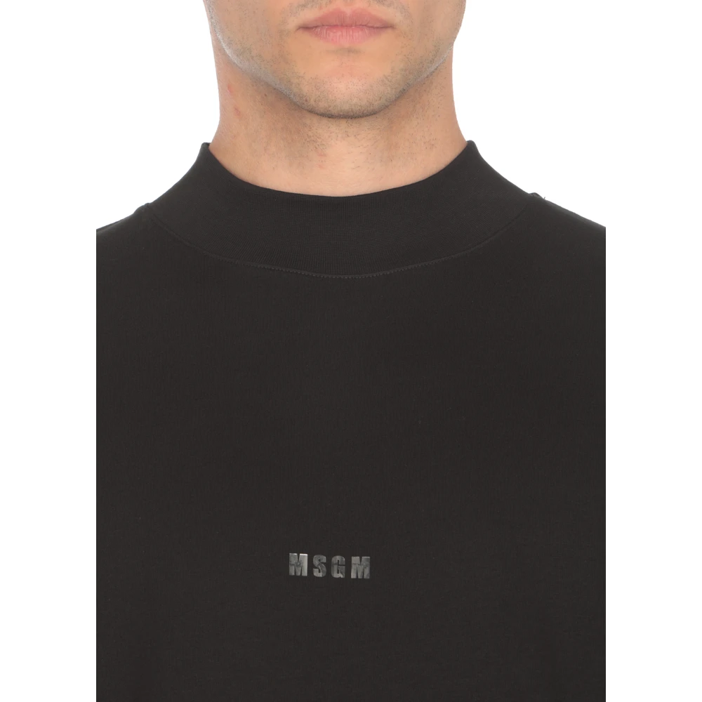 Msgm Zwart Katoenen T-shirt Hoge Hals Lange Mouwen Black Heren