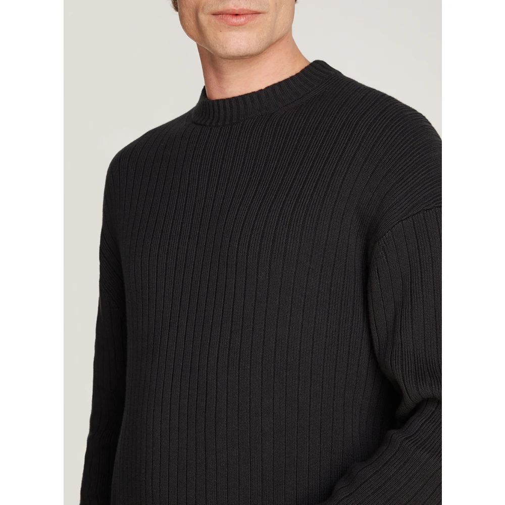 Calvin Klein Zwarte Geribbelde Trui Lineaire Stijl Black Heren