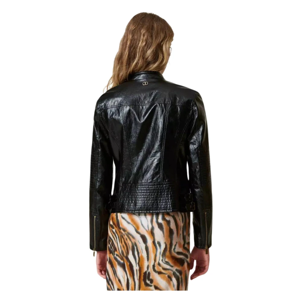 Twinset Zwarte Leren Bikerjas Black Dames