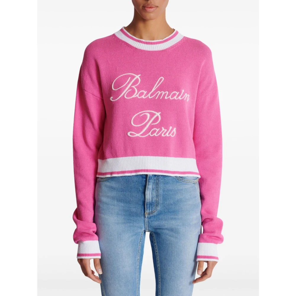 Balmain Roze Gebreide Logo Trui Pink Dames
