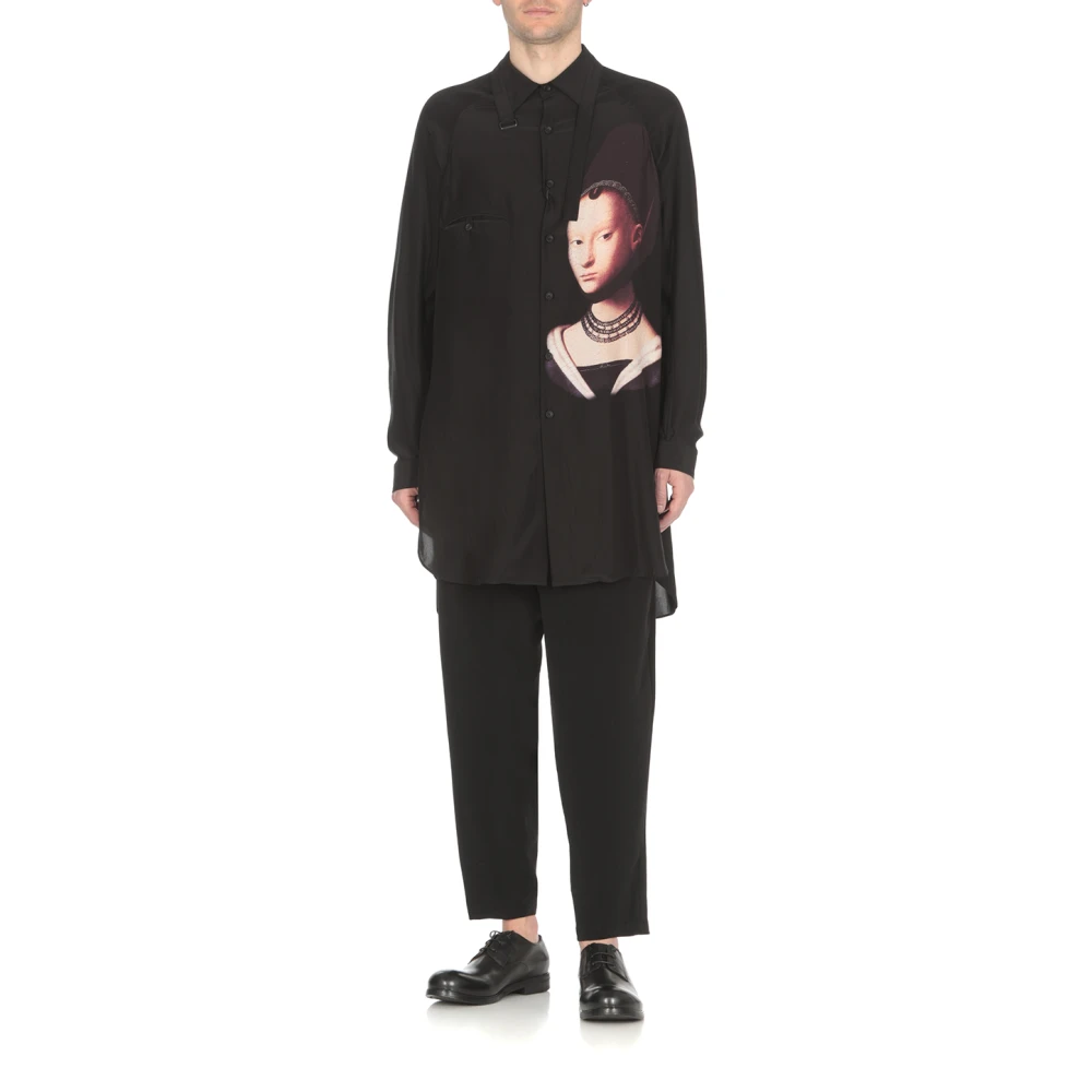 Yohji Yamamoto Zwarte Zijden Shirt met Young Girl Print Black Heren