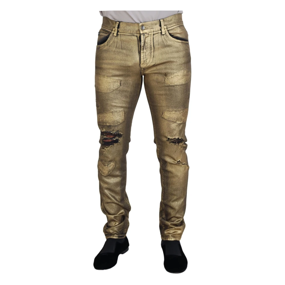 Dolce & Gabbana Men's Gold Cotton Tattered Skinny Denim Jeans