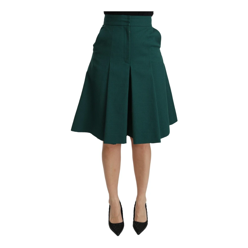 Dolce & Gabbana Women's Green Pleated A-Line High Waist Cotton Skirt