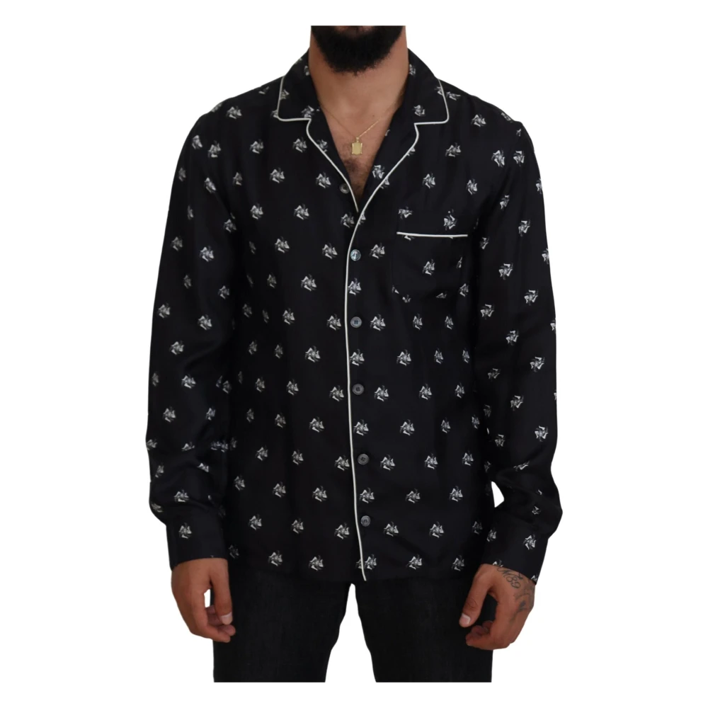 Dolce & Gabbana Zwarte Bedrukte Heren Zijden Pyjama Top Black Heren