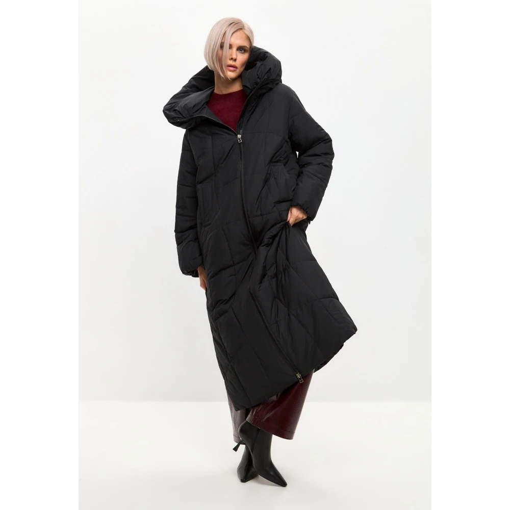 Cesare Gaspari Oversized gewatteerde jas met capuchon en nepbont manchetten Black Dames