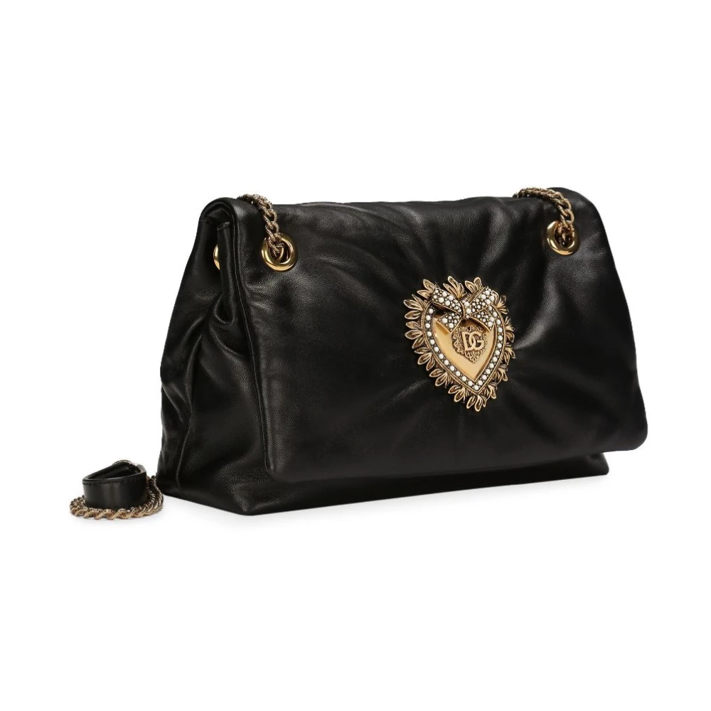 Dolce & Gabbana Zwarte Lamsleren Schoudertas met Hart Patch Black Dames
