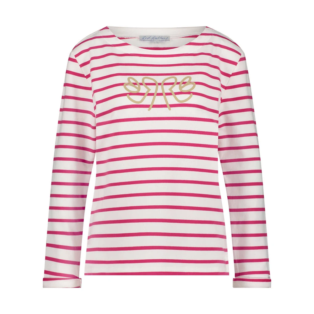 Red Button Gestreepte Borstprint Lange Mouw Top Pink Dames