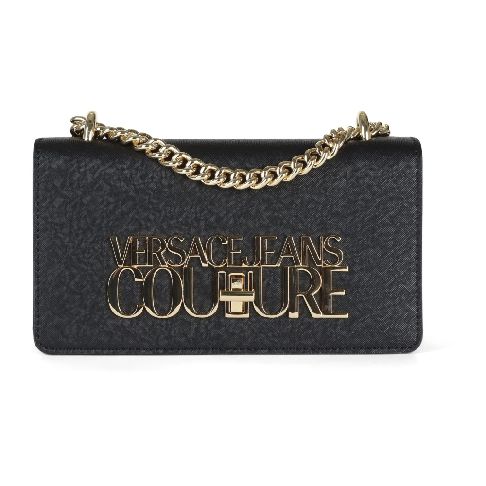 Versace Jeans Couture Saffiano Schoudertas met Logo Plaque Black Dames