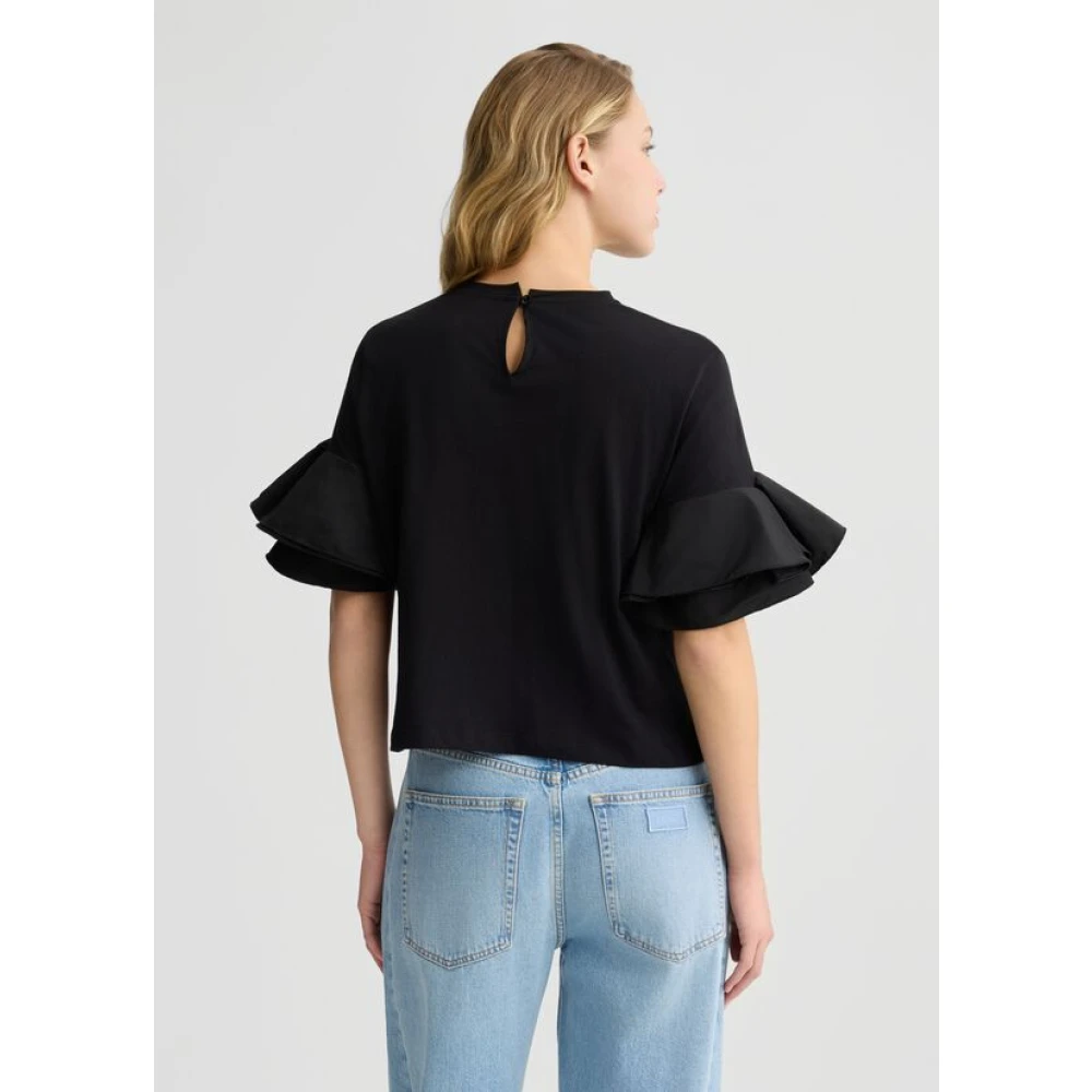 Liu Jo Zwarte katoenen T-shirt met taffeta ruches Black Dames