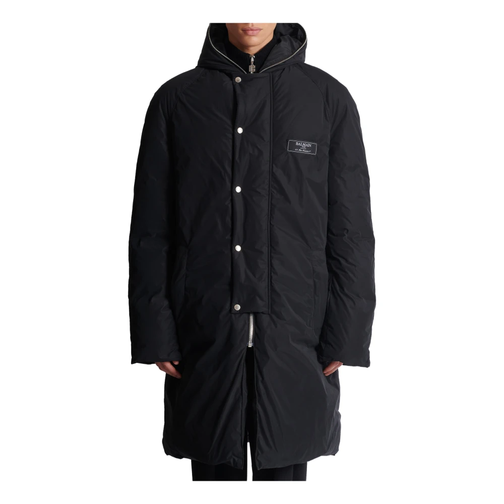 Balmain Lange Gewatteerde Nylon Jas Black Heren