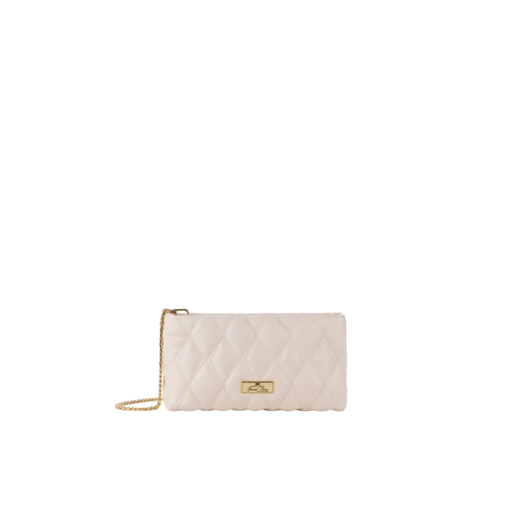Elisabetta Franchi Gestanste Stoffen Clutch met Gouden Logo Beige Dames