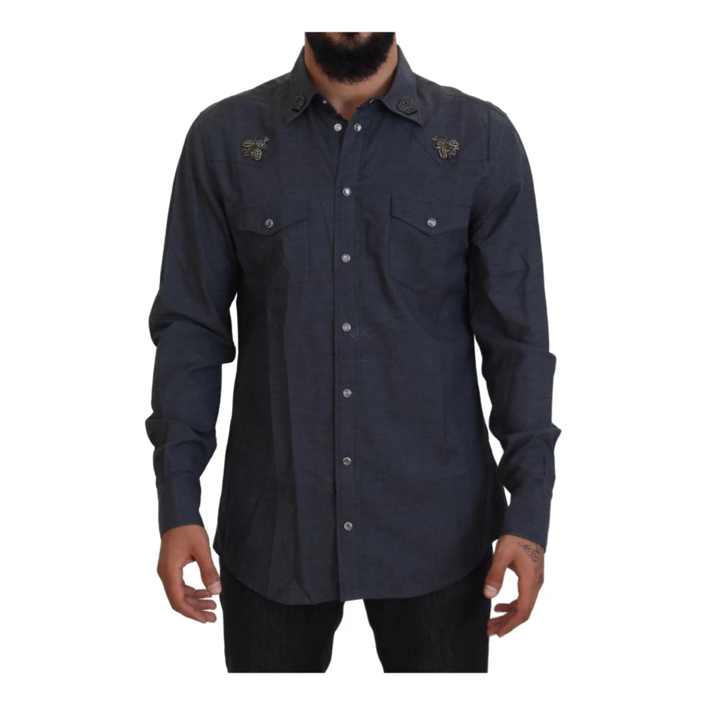 Dolce & Gabbana Bij Geborduurd Katoenen Casual Shirt Mannen Blue Heren