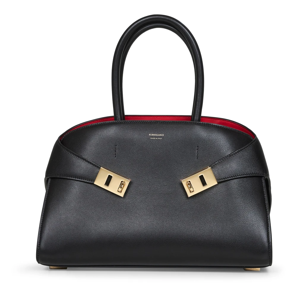Ferragamo Black Leather Shoulder Bag With Gancini Buckles - Female - Handbags - Black - One Size - Bags