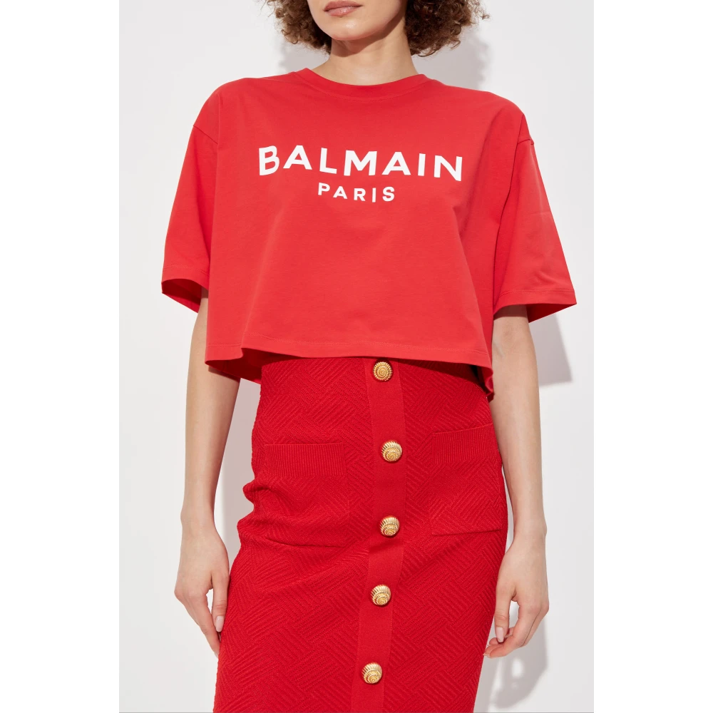 Balmain Korte T-shirt met bedrukt logo Red Dames