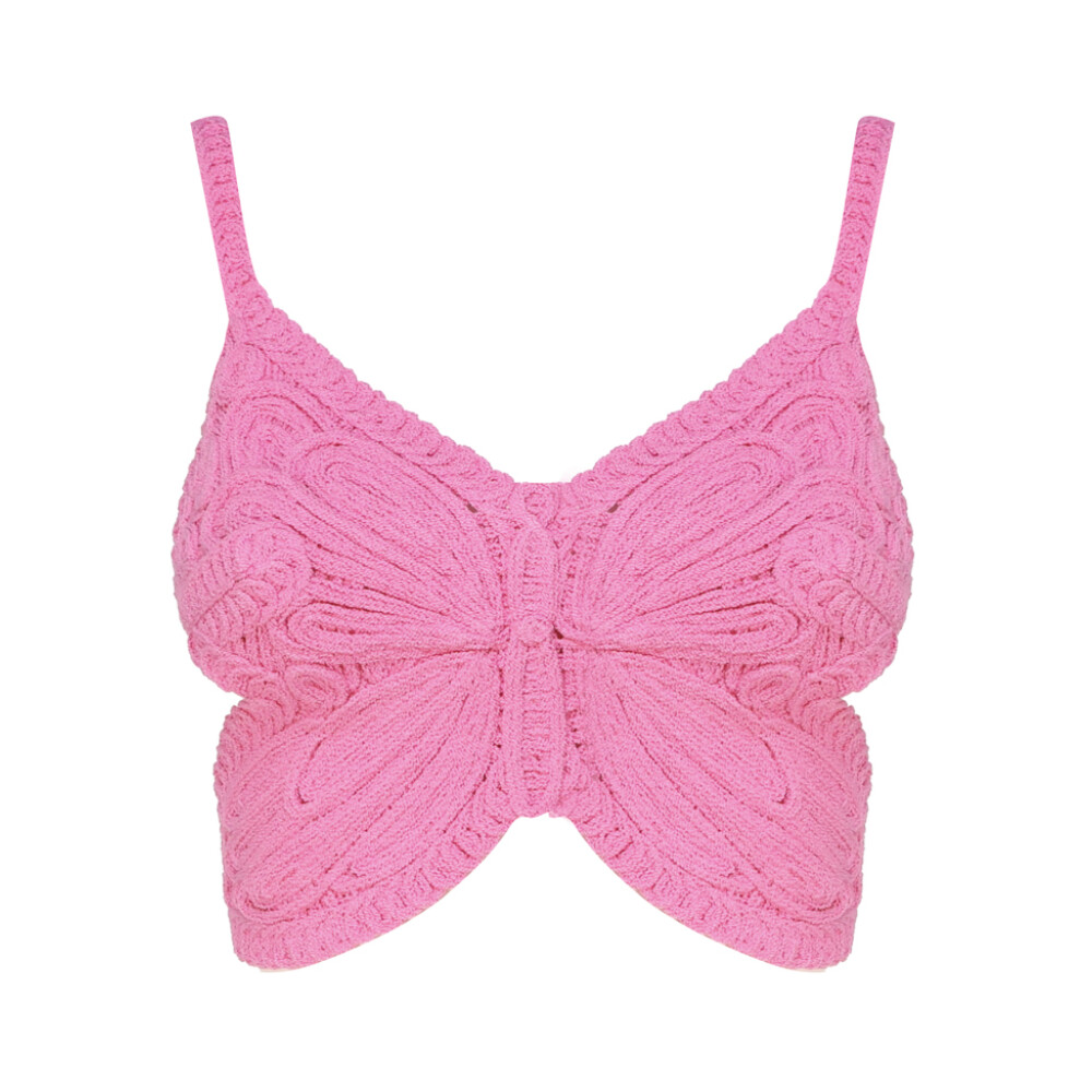 Pink Ribbed Knit Crop Top with Butterfly Wing Embroidery