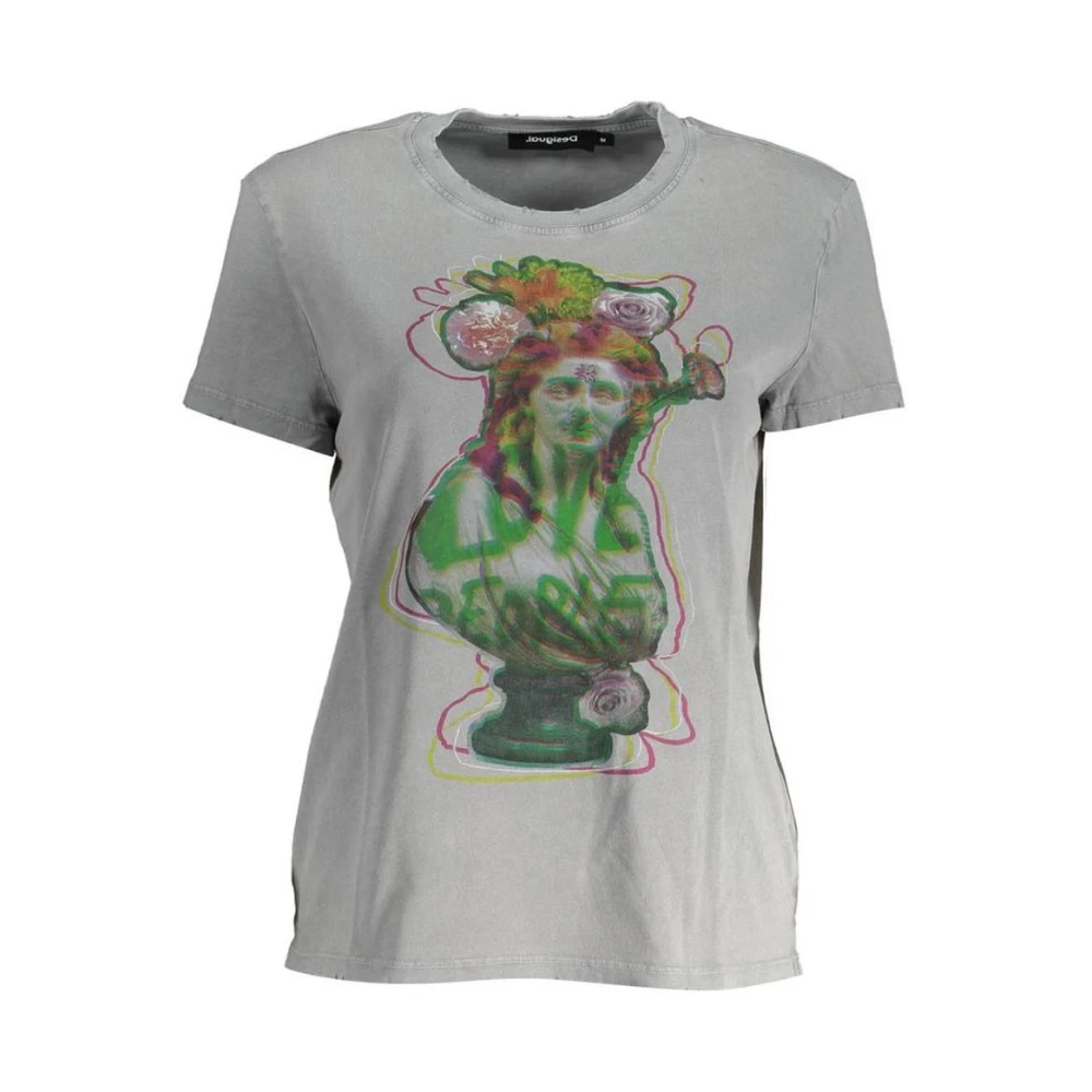Desigual Vrouw Grijs Tops Dames, S, Katoen, Bloemen Buste Grafische Tee