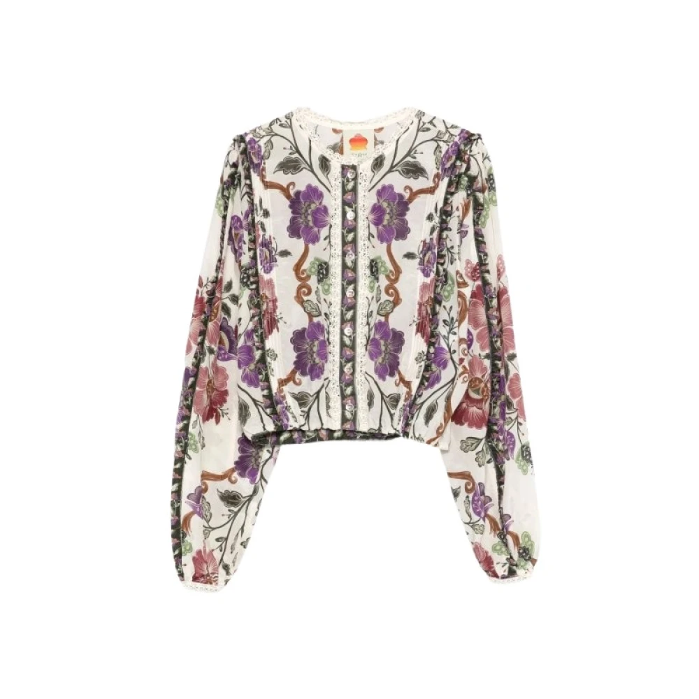 Farm Rio Women's Multicolor Blouses, M, Lace Long Sleeve Blouse