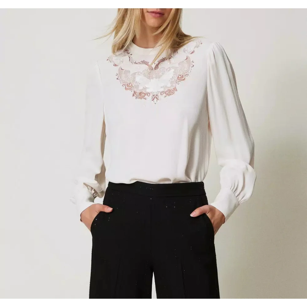 Twinset Bloemen Geborduurde Crepe Blouse White Dames