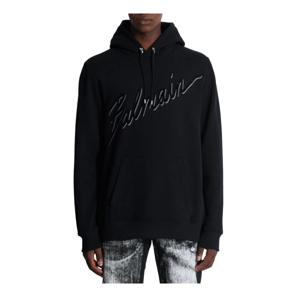 Balmain Flocked Letter Hoodie Black Heren