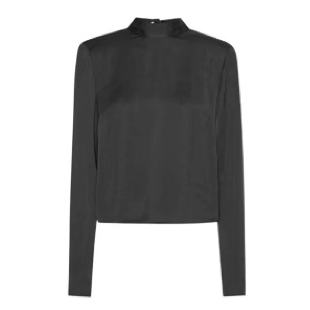 Rotate Birger Christensen Women's Black Blouses, 2XS, Satin Wrap Top With Lavallière Neckline