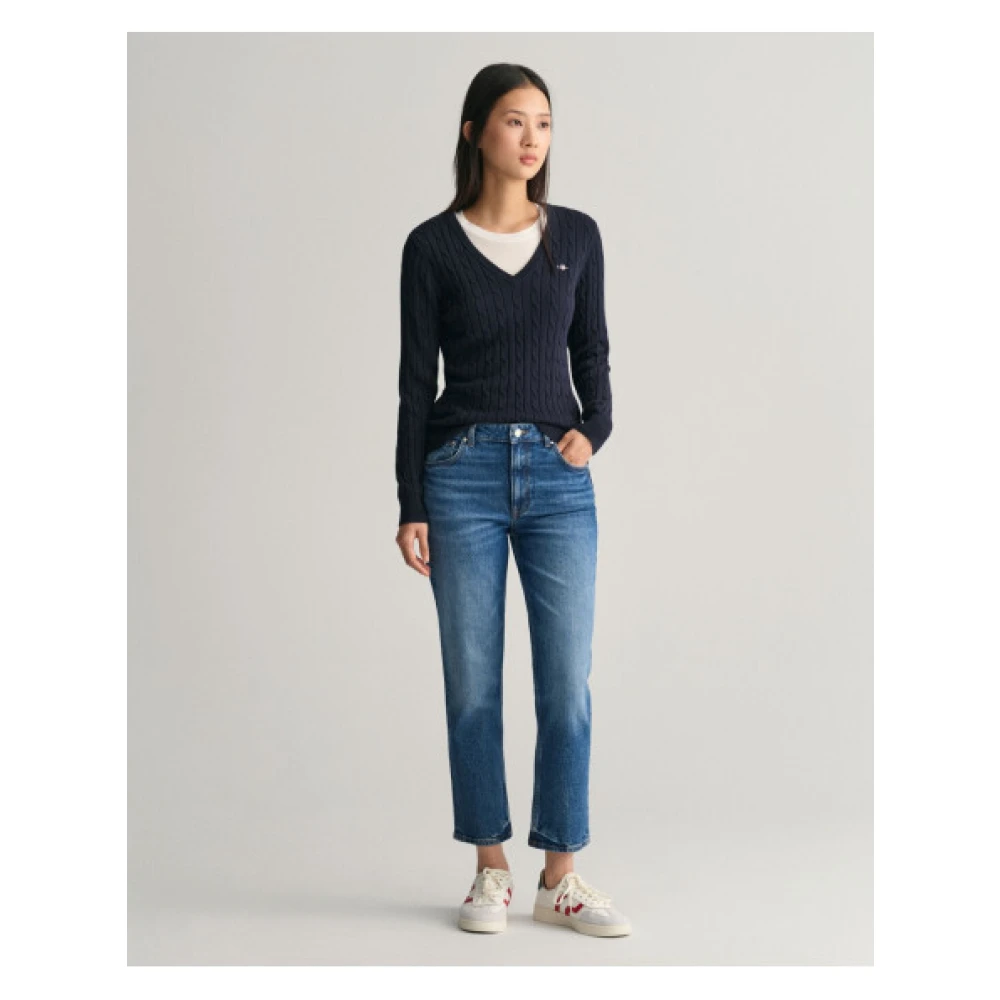 Gant Gedraaide katoenen V-hals trui Blue Dames