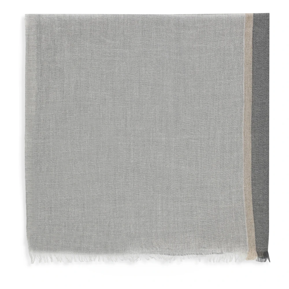 BRUNELLO CUCINELLI Grijze Cashmere Zijden Sjaal Colorblock Franjes Gray Heren