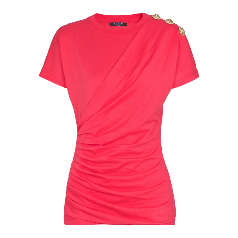 Balmain Women's Pink Draped T-Shirt With Buttons