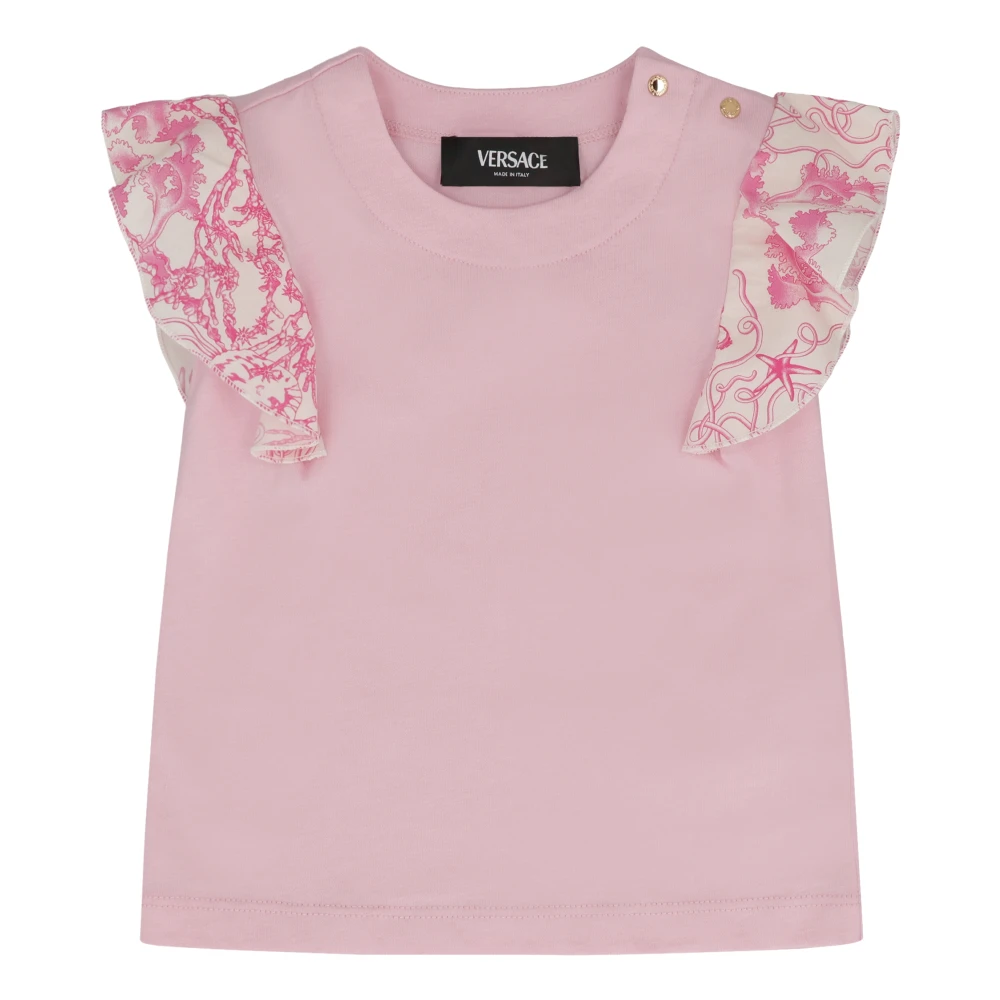 Versace Girls Pink Kids Short Sleeve T-Shirts, 18 M, Underwater Barocco Ruffled T-Shirt