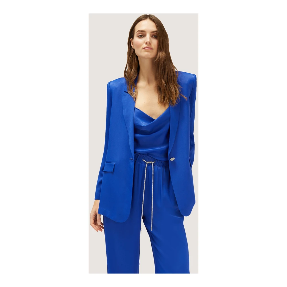 Motivi Satin Oversized Blazer met Juweelknoop Blue Dames