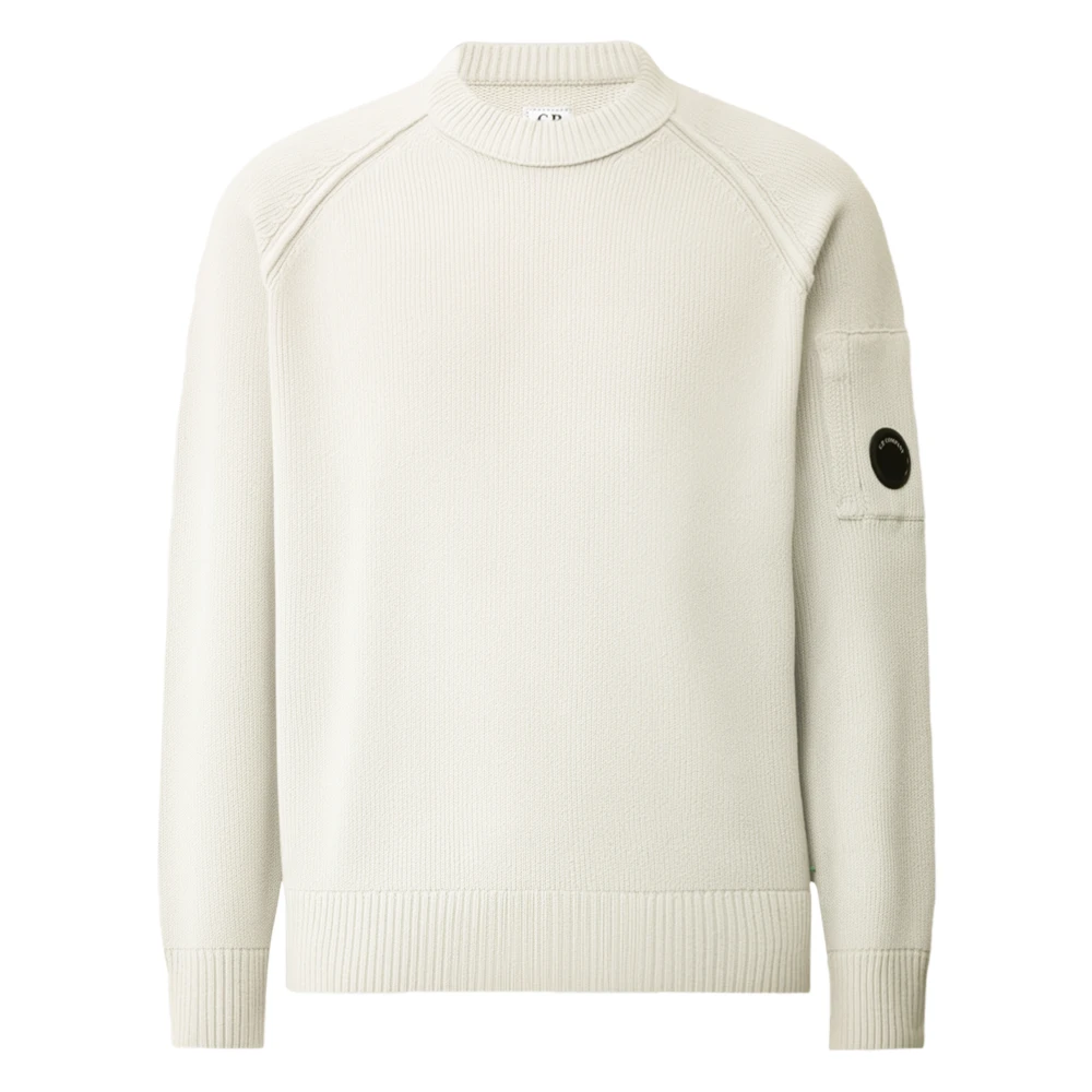 C.p. Company White Chenille Cotton Crewneck Lens Jumper - Male - Round-Neck Knitwear - S - Knitwear