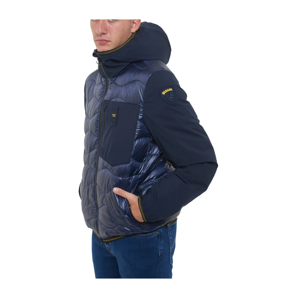 Blauer Nylon gewatteerde jas met capuchon Blue Heren